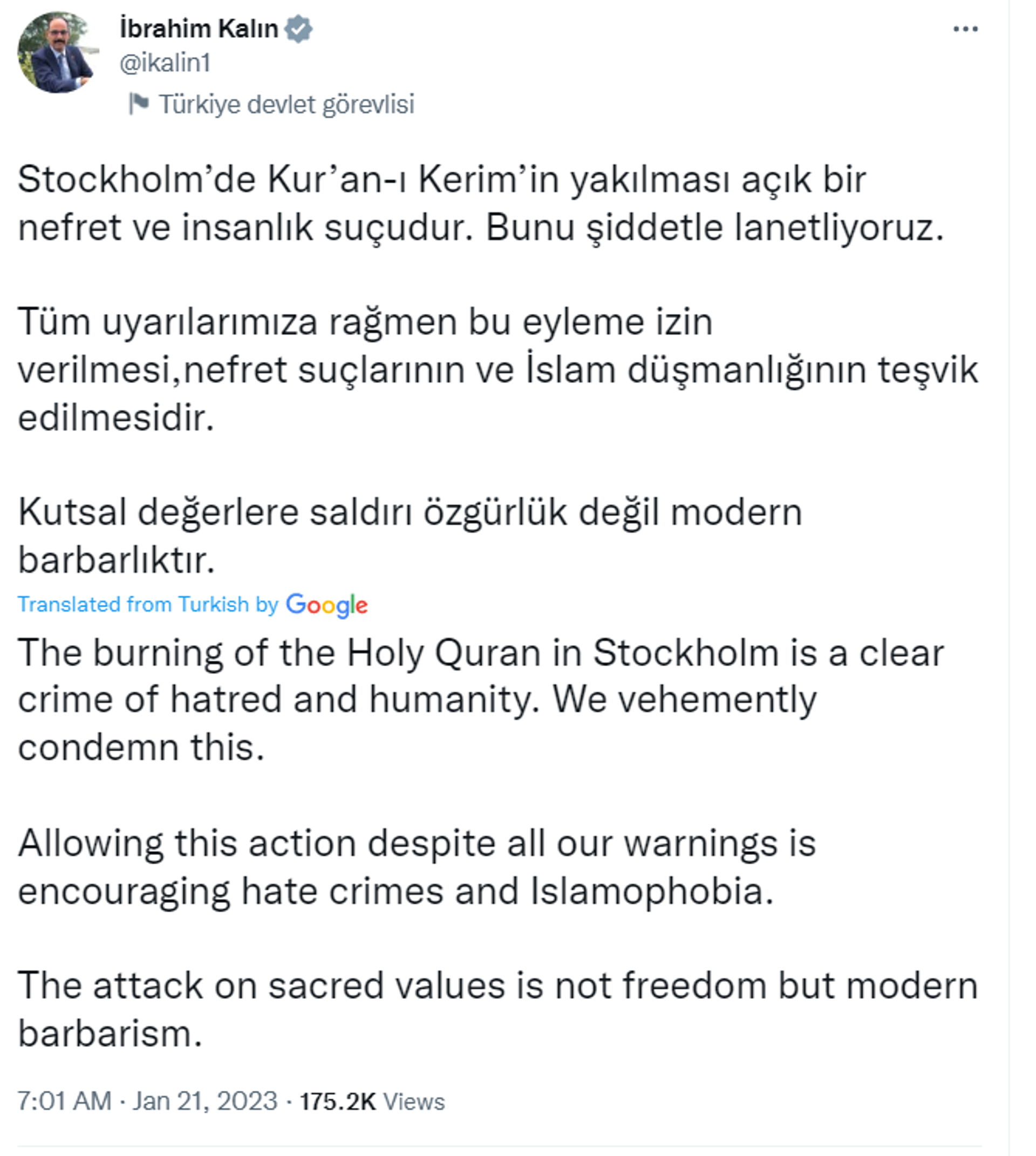 Screenshot of Twitter account of Ibrahim Kalın, Turkish President Recep Tayyip Erdogan’s spokesperson. - Sputnik International, 1920, 21.01.2023