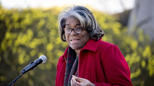 United States Ambassador to the United Nations Linda Thomas-Greenfield speaks during a wreath-laying ceremony at the Martin Luther King Jr. Memorial on Martin Luther King Jr. Day in Washington, Monday, Jan. 16, 2023 - Sputnik International