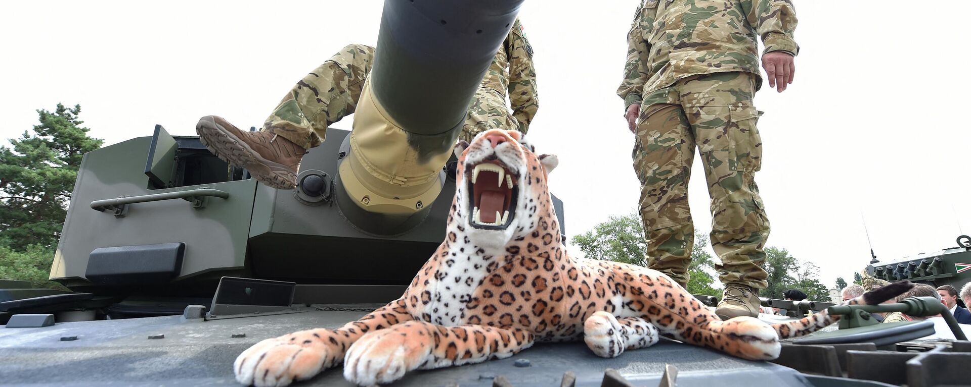 A stuffed toy leopard is placed on a Leopard 2/A4 battle tank during a handover ceremony of tanks at the army base of Tata, Hungary, on July 24, 2020. Hungary is one of over a dozen countries operating the German-made tank. - Sputnik International, 1920, 23.01.2023