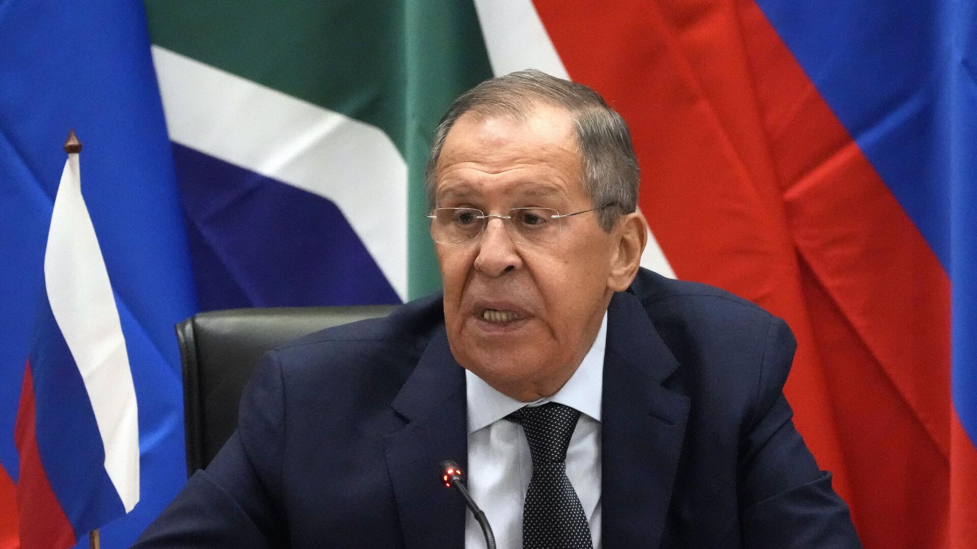 Russia's Foreign Minister Sergey Lavrov speaks during a media briefing after meeting with his South Africa's counterpart Naledi Pandor in Pretoria, South Africa, Monday, Jan. 23, 2023.  - Sputnik International, 1920, 24.01.2023