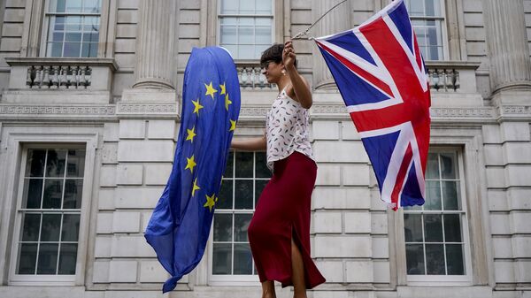 An anti-Brexit demonstrator whirls an EU and Union Flag during a demonstration against the British government's move to suspend parliament in the final weeks before Brexit outside Downing Street in London on August 31, 2019 - Sputnik International