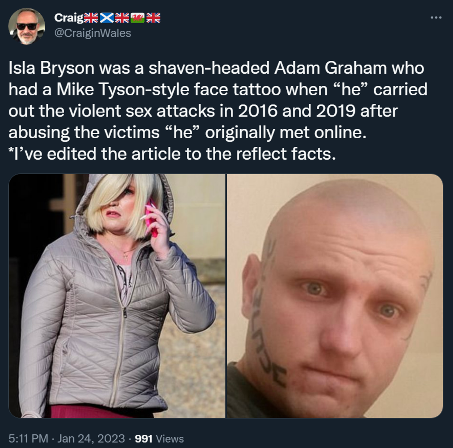Tweeted images of convicted Scottish transsexual rapist Isla Bryson, AKA Adam Graham, before transitioning (right) and while on trial (left) - Sputnik International, 1920, 24.01.2023