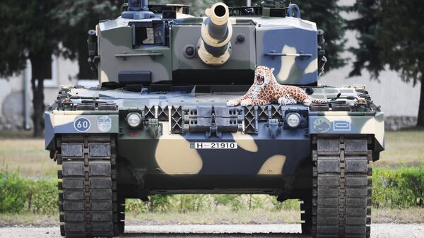 A stuffed toy leopard is placed on a Leopard 2/A4 battle tank during a handover ceremony of tanks at the army base of Tata, Hungary, on July 24, 2020 - Sputnik International