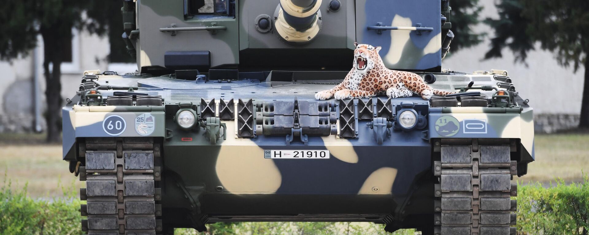 A stuffed toy leopard is placed on a Leopard 2/A4 battle tank during a handover ceremony of tanks at the army base of Tata, Hungary, on July 24, 2020 - Sputnik International, 1920, 25.01.2023