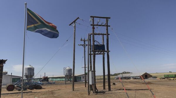 A South African flag waves next to electricity poles at the Frangipani Boerdery farm near Lichtenburg on January 23, 2023. - Sputnik International