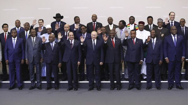 Russian President Vladimir Putin, center, poses for a photo with leaders of African countries at the Russia-Africa summit in the Black Sea resort of Sochi, Russia, Thursday, Oct. 24, 2019.  - Sputnik International