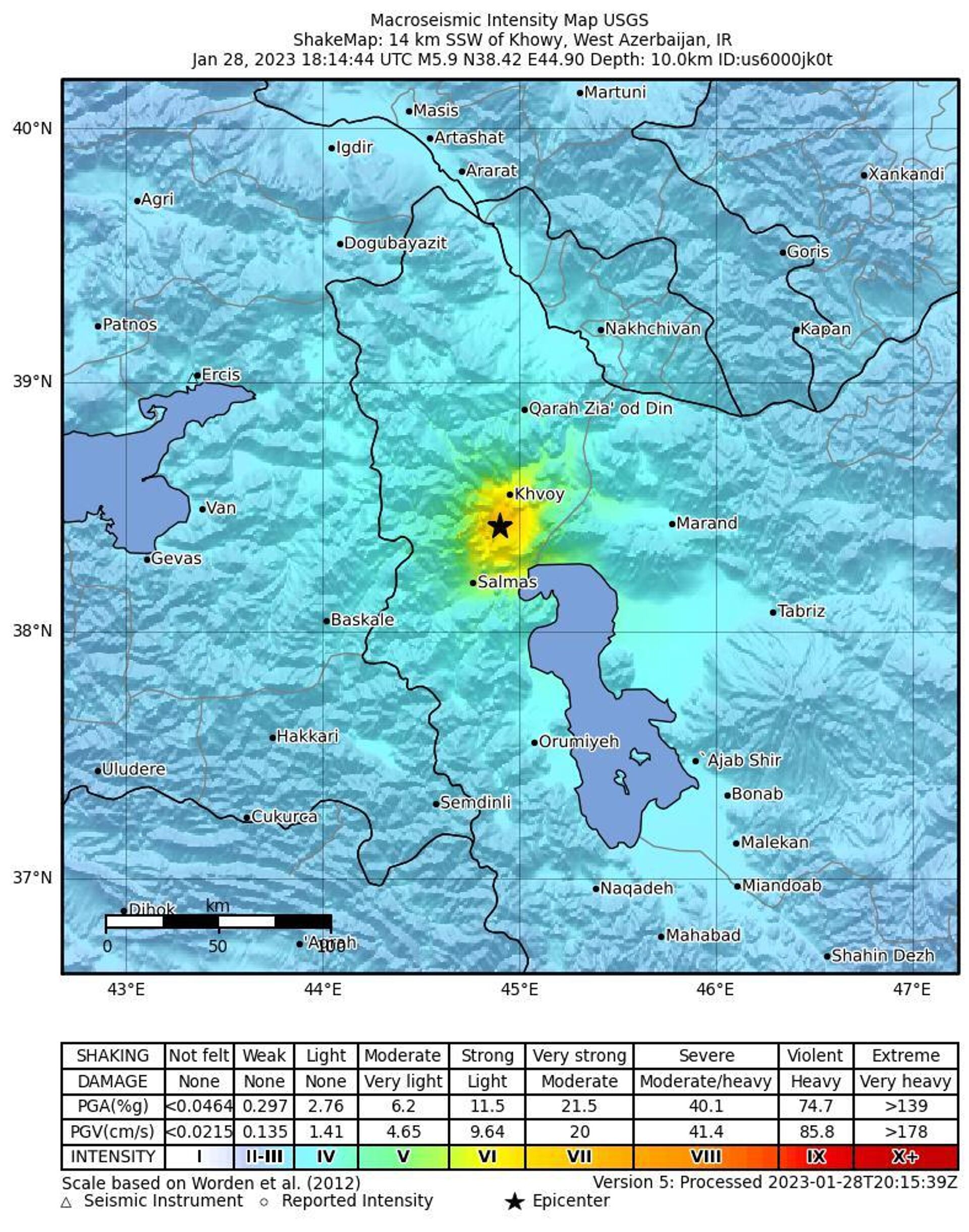 Shake Map of an Earthquake that occurred near the city of Khoy, Iran on January 28, 2023 - Sputnik International, 1920, 28.01.2023