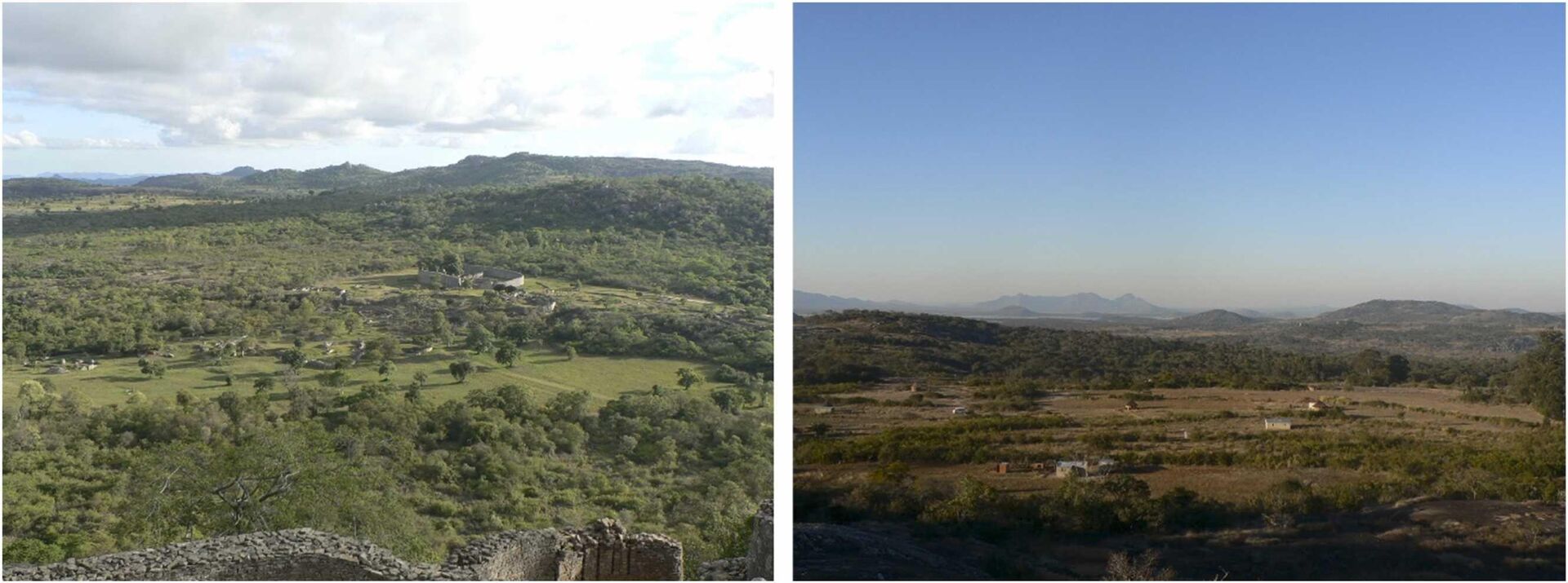  Great Zimbabwe landscape: view of the core monumental area from the Hill Complex (left), and view of Mungwini area (right). - Sputnik International, 1920, 31.01.2023
