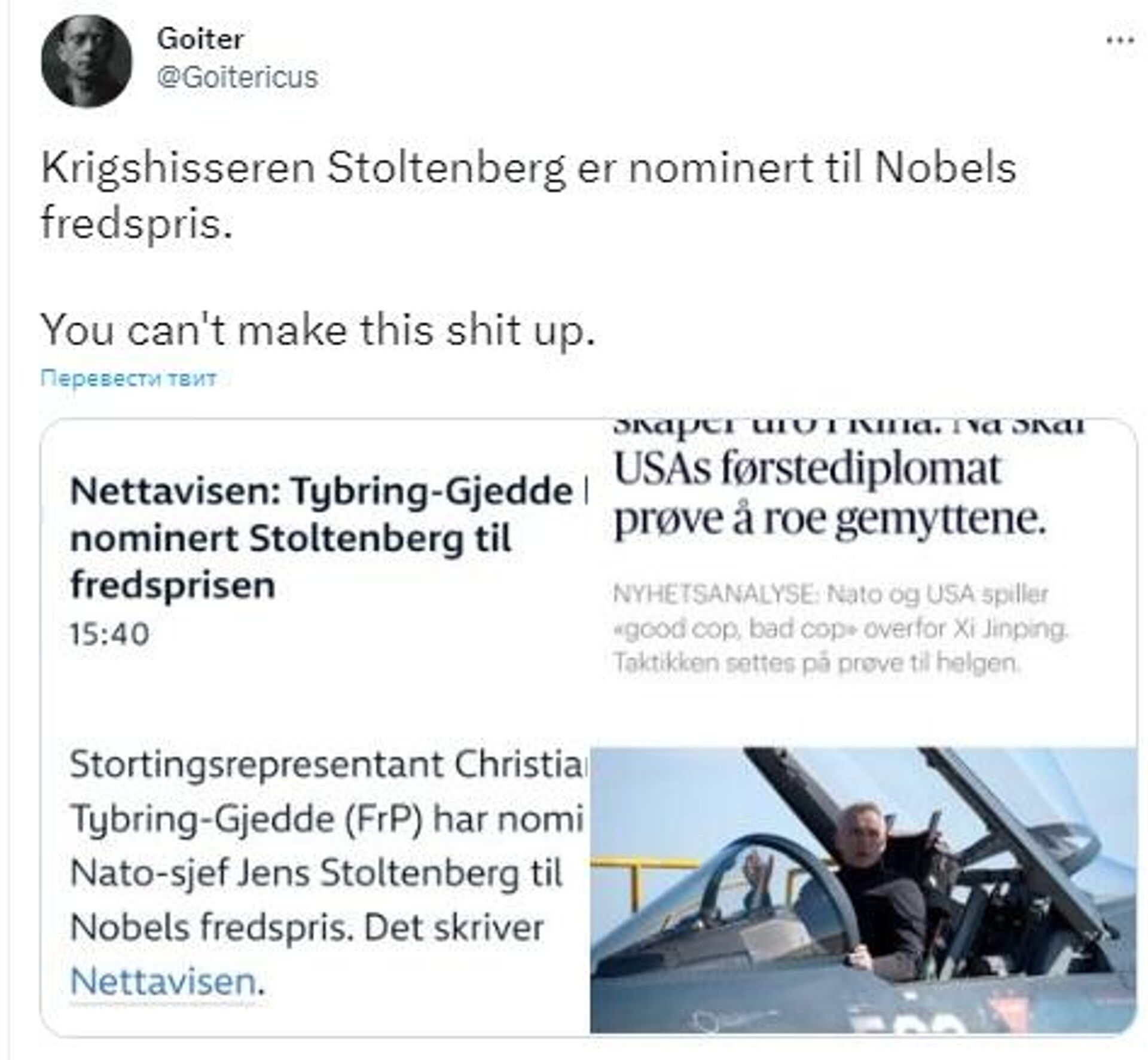 Screetgrab of tweets commenting on Jens Stoltenberg nomination for Nobel Peace Prize - Sputnik International, 1920, 02.02.2023