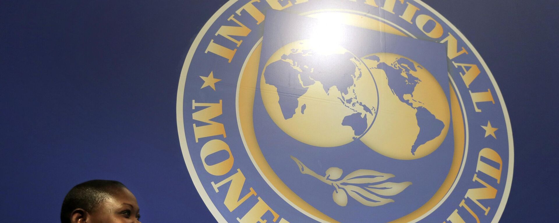 A woman sits in front of an International Monetary Fund logo at the venue of the IMF and World Bank meeting, Wednesday, Oct. 10, 2012. - Sputnik International, 1920, 26.05.2023