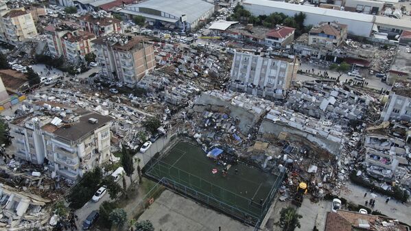 Aerial photo shows the destruction in Hatay city center, southern Turkey on Tuesday 7 February 2023. - Sputnik International