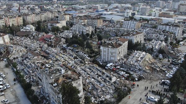 Aerial photo shows the destruction in Hatay city center, southern Turkey, Tuesday, Feb. 7, 2023.  - Sputnik International