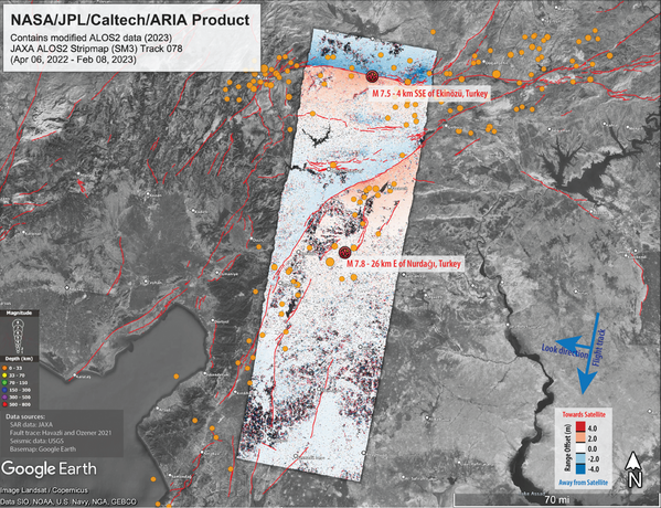 Surface displacement map showing the movement of the land towards (red) and away (blue) from the satellite due to the earthquakes.  - Sputnik International