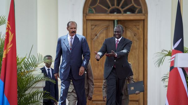 Eritrea's President Isaias Afwerki, left, is welcomed by Kenya's President William Ruto, right, as they arrive to speak to the media at State House in Nairobi, Kenya Thursday, Feb. 9, 2023.  - Sputnik International