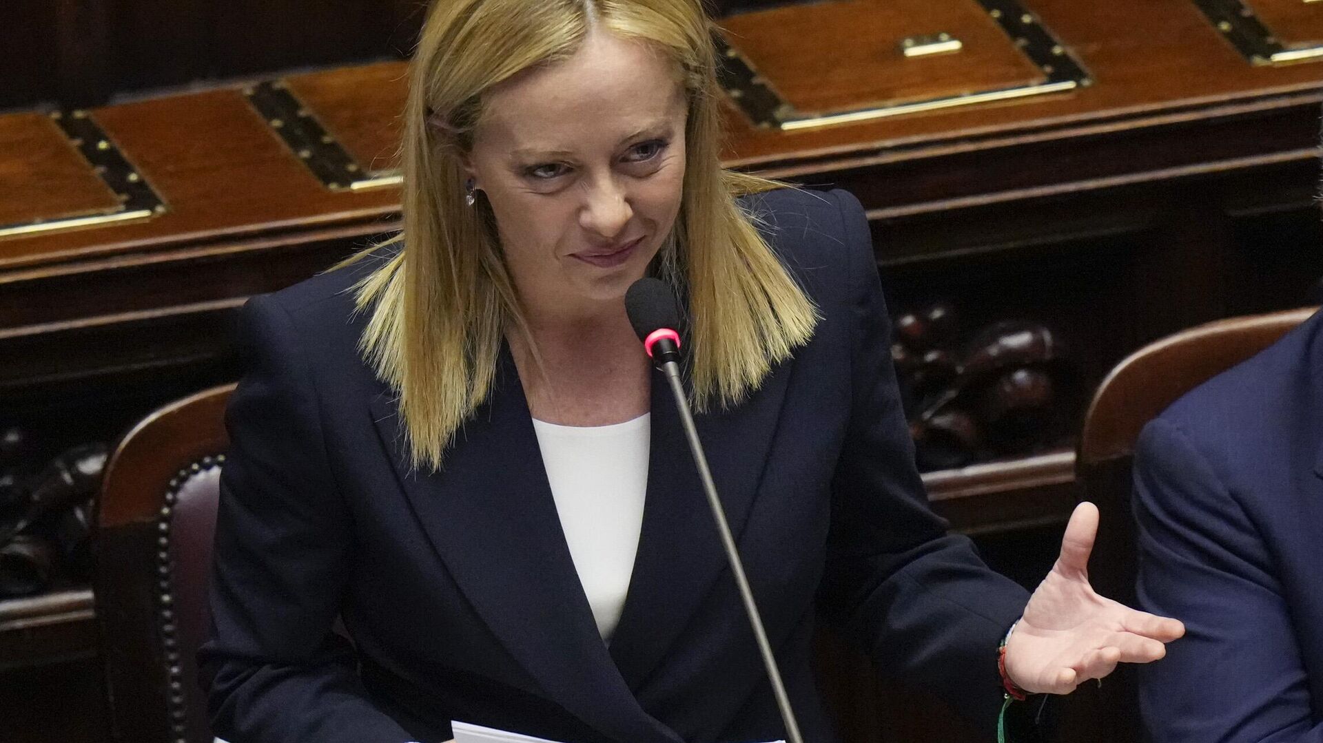 Italian Premier Giorgia Meloni addresses the lower Chamber ahead of a confidence vote for her Cabinet, Tuesday, Oct. 25, 2022.  - Sputnik International, 1920, 02.04.2023