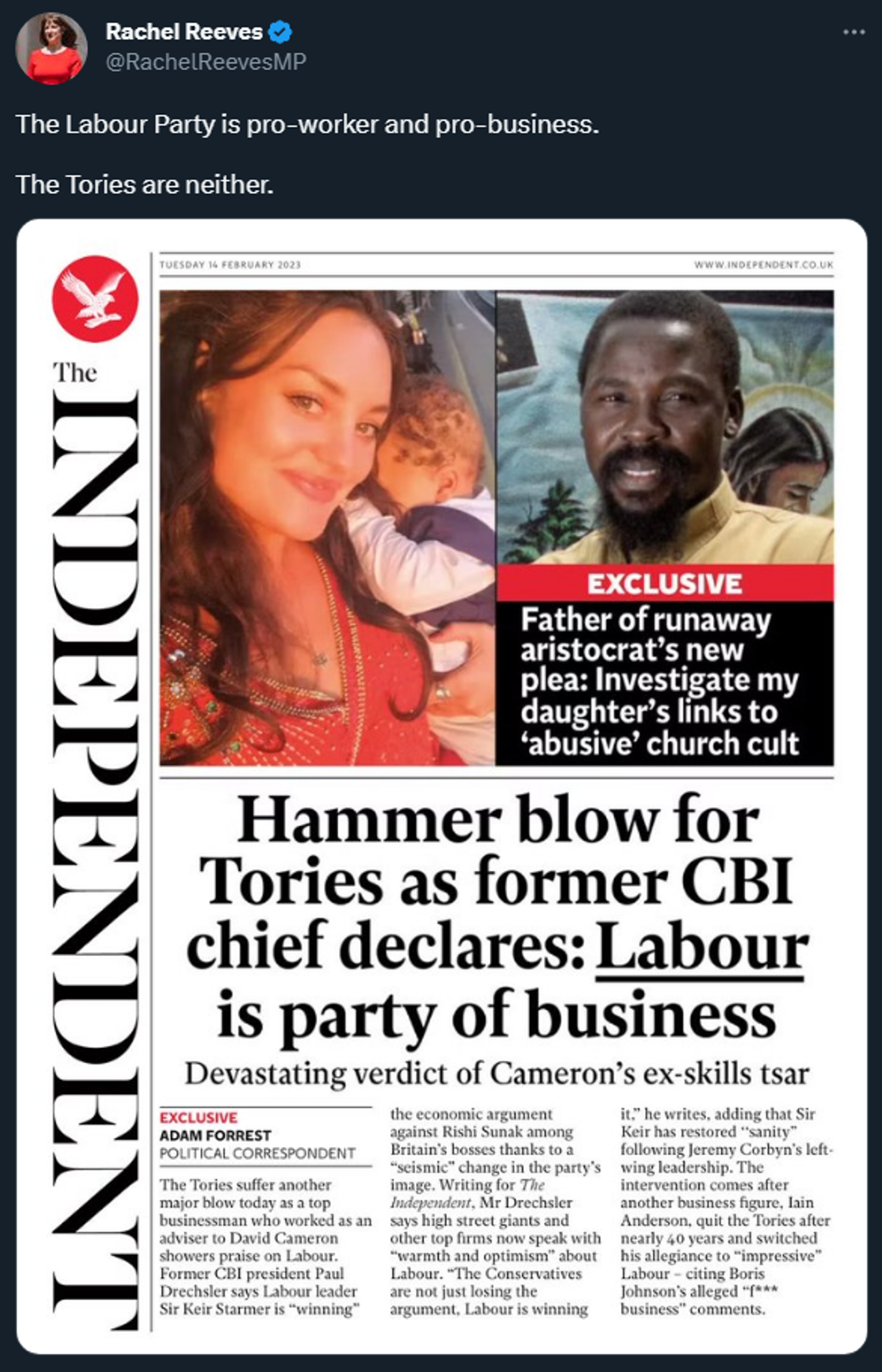 British shadow chancellor Rachel Reeves tweets the front page of a liberal newspaper as proof that her labour Party now speaks for both workers and bosses - Sputnik International, 1920, 14.02.2023