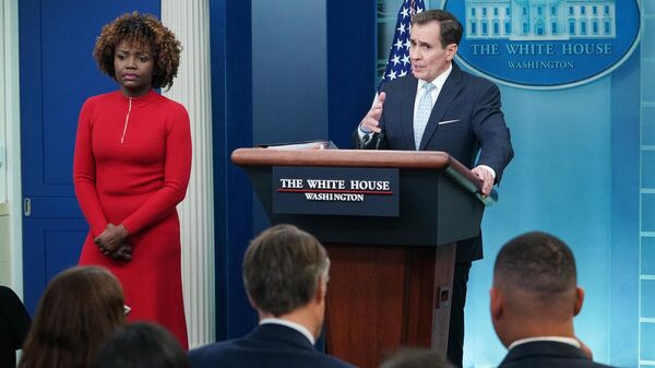 White House Press Karine Jean-Pierre and National Security Council Coordinator for Strategic Communications John Kirby (R) during the daily press briefing on February 13, 2023. - Sputnik International