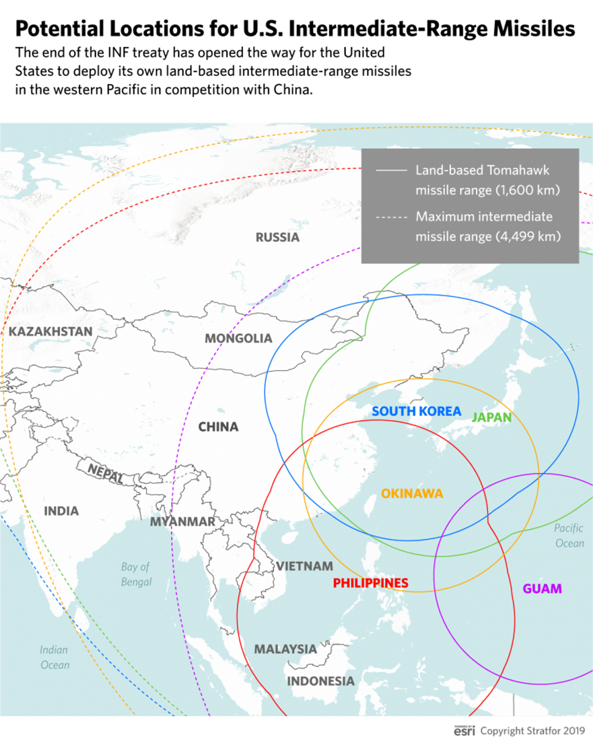 Potential operational range of US Tomahawk cruise and intermediate-range ballistic missiles if deployed near China in a map by Stratfor. - Sputnik International, 1920, 16.02.2023