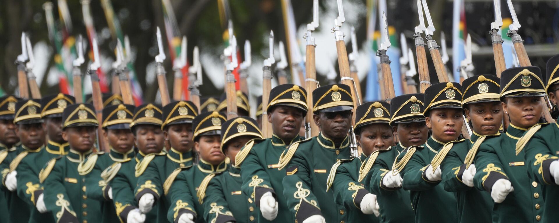 Members of the presidential guard march during an Armed Forces Day in Richards Bay, South Africa, Tuesday, Feb. 21, 2023. The parade took place as a naval exercise was underway off the east coast of the country with Russian and Chinese navies.  - Sputnik International, 1920, 22.02.2023