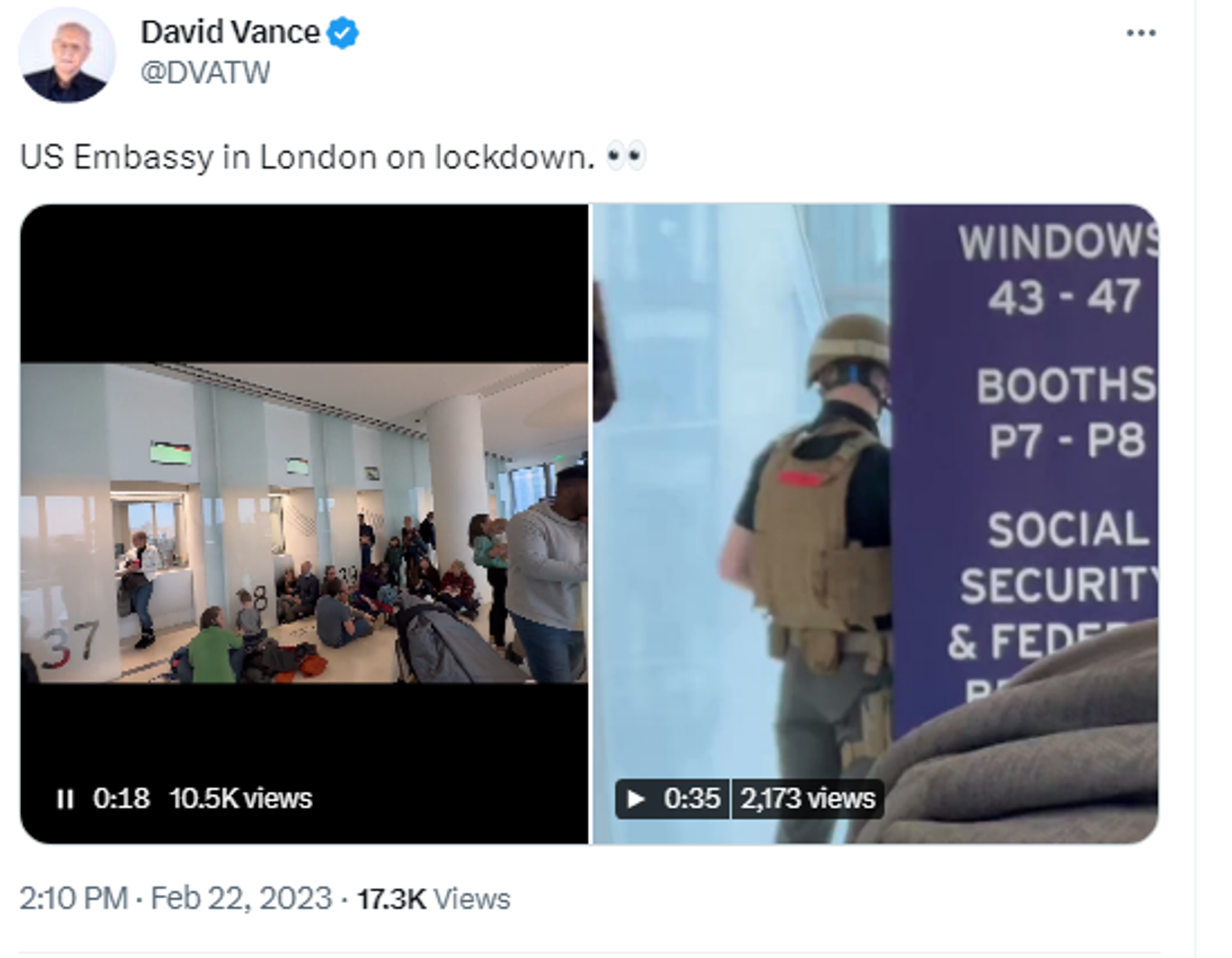 Twitter screenshot reportedly showing US embassy building in London on lockdown during security incident on February 22, 2023. - Sputnik International, 1920, 22.02.2023