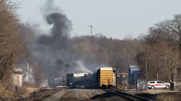 Smoke rises from a derailed cargo train in East Palestine, Ohio, on February 4, 2023.  - Sputnik International