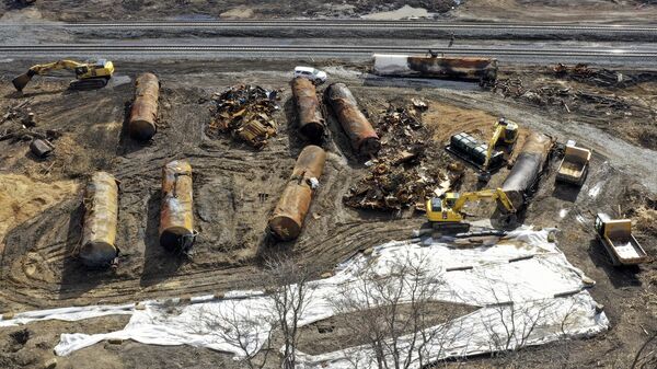 A view of the scene Friday, Feb. 24, 2023, as the cleanup continues at the site of of a Norfolk Southern freight train derailment that happened on Feb. 3 in East Palestine, Ohio - Sputnik International