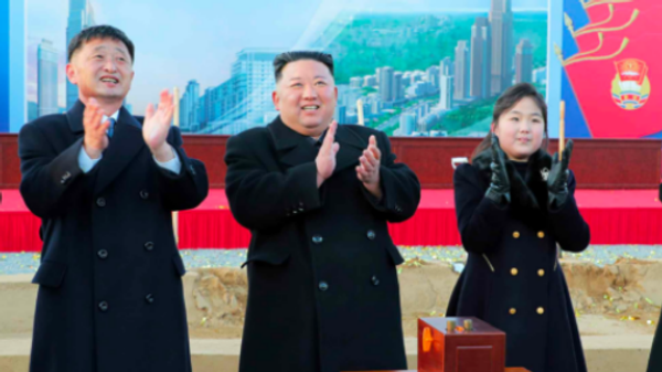 A Twiiter screenshot shows North Korean leader Kim Jong-un and his daughter attending the groundbreaking ceremony for the construction of a new street in Pyongyang on February 25, 2023. - Sputnik International