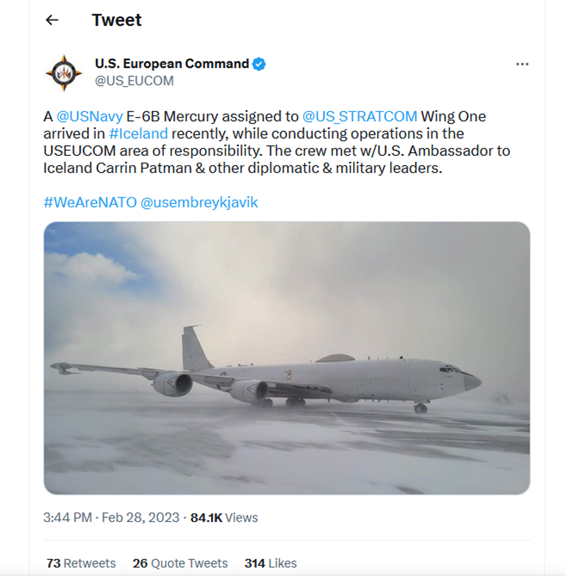 Screenshot of US European Command tweet showing off the E-6B's arrival in Iceland. - Sputnik International, 1920, 01.03.2023