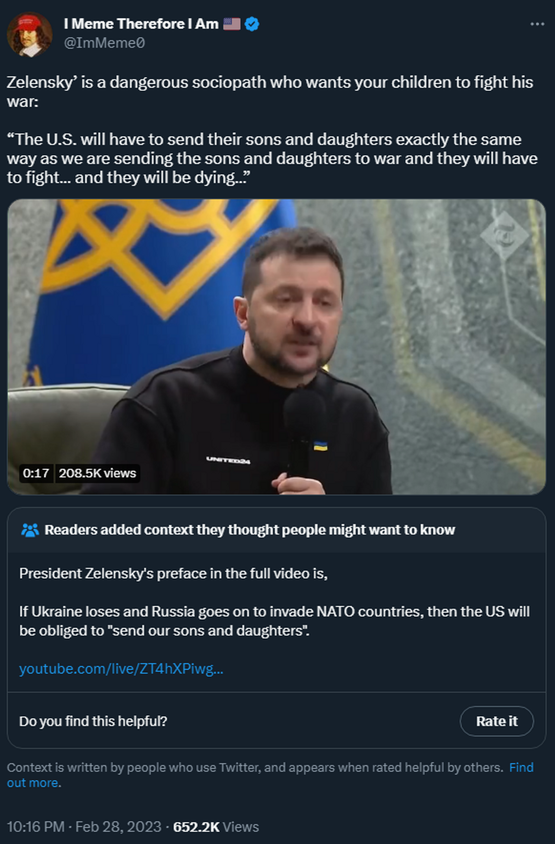 A Twitter post criticising Ukrainian President Volodymyr Zelensky for his comment that young US citizens would soon be fighting Russian troops in eastern Europe - Sputnik International, 1920, 02.03.2023