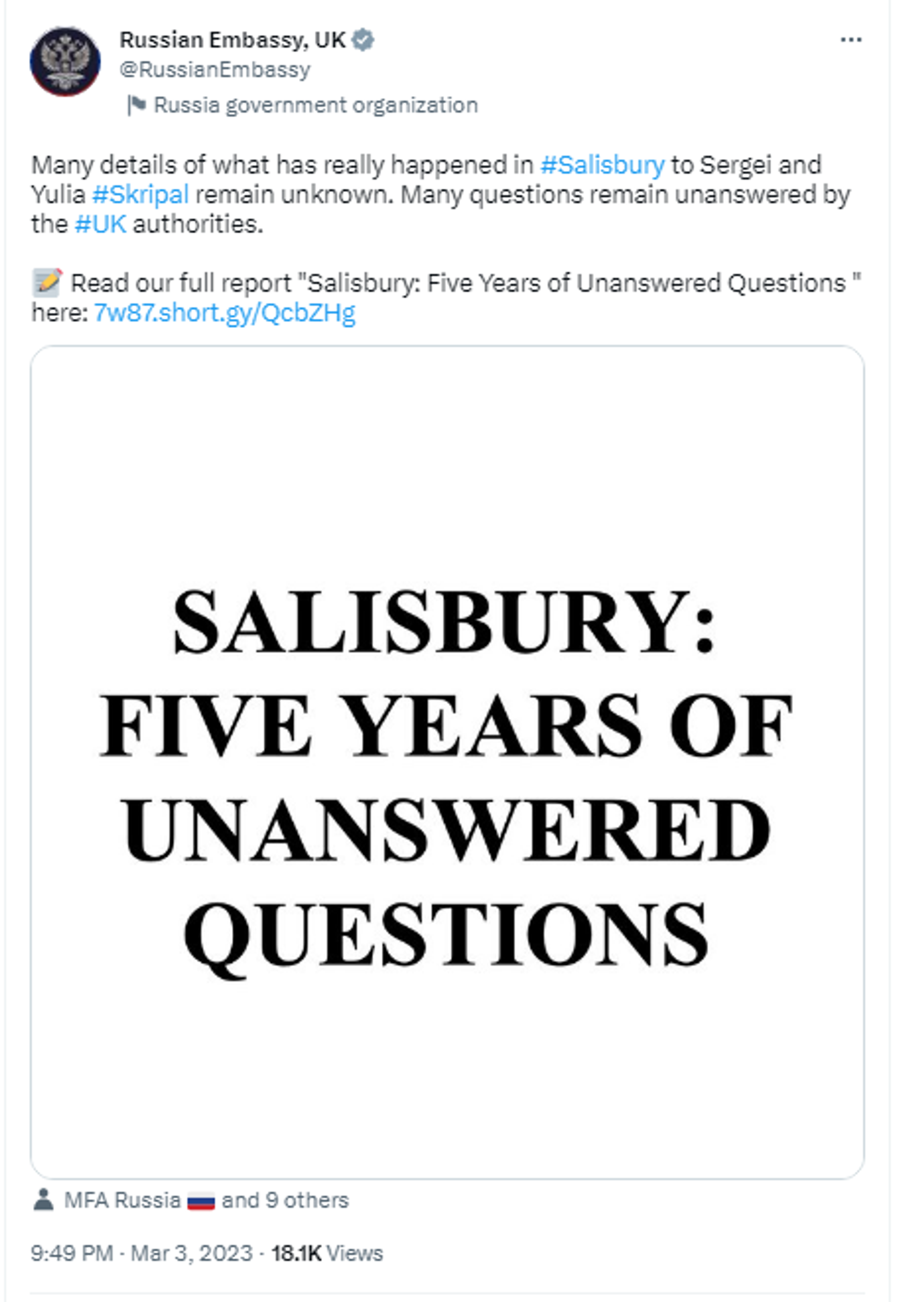 Twitter screenshot of post made by Russian Embassy in London on March 3, 2023, with an attached report, Salisbury: Five Years of Unanswered Questions. - Sputnik International, 1920, 04.03.2023