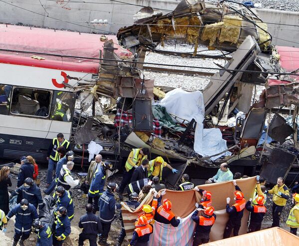 At least 131 people were killed and some 400 injured on 11 March 2004 in near-simultaneous explosions on three trains in Madrid at the height of morning commuter traffic. In what appeared to be a deliberate attack staged only 72 hours ahead of Spanish general elections, the blasts went off on a long-distance high-speed carrier and two suburban trains packed with commuters. - Sputnik International