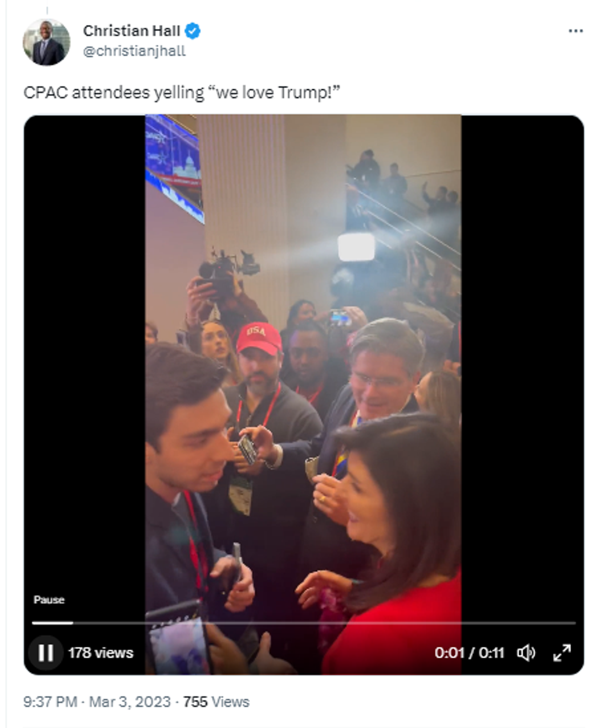 Twitter screenshot of post by national politics reporter Christian Hall, showing footage from Conservative Political Action Conference event attended by Nikki Haley. - Sputnik International, 1920, 04.03.2023