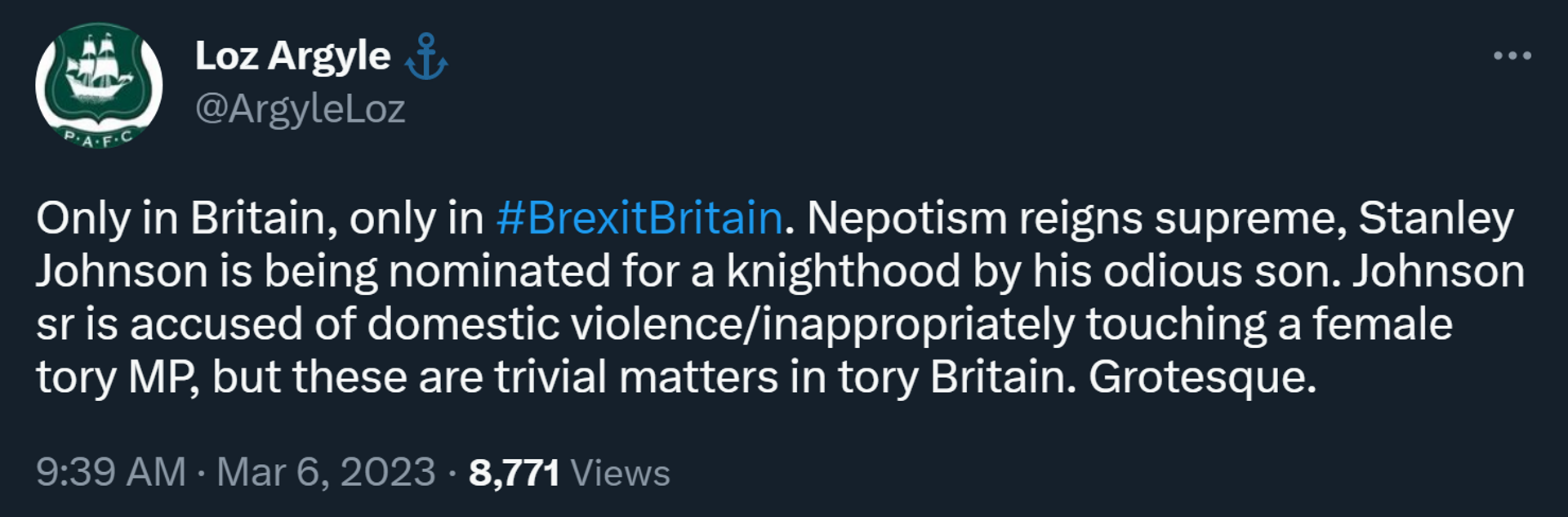 An angry tweet about unconfirmed reports former British prime minister Boris Johnson has nominated his own father for a knighthood. - Sputnik International, 1920, 06.03.2023