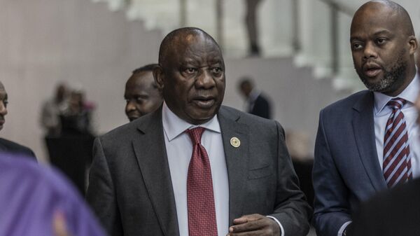 South African President Cyril Ramaphosa (C) arrives on the second day of the 36th Ordinary Session of the Assembly of the African Union (AU) at the Africa Union headquarters in Addis Ababa on February 19, 2023. - Sputnik International