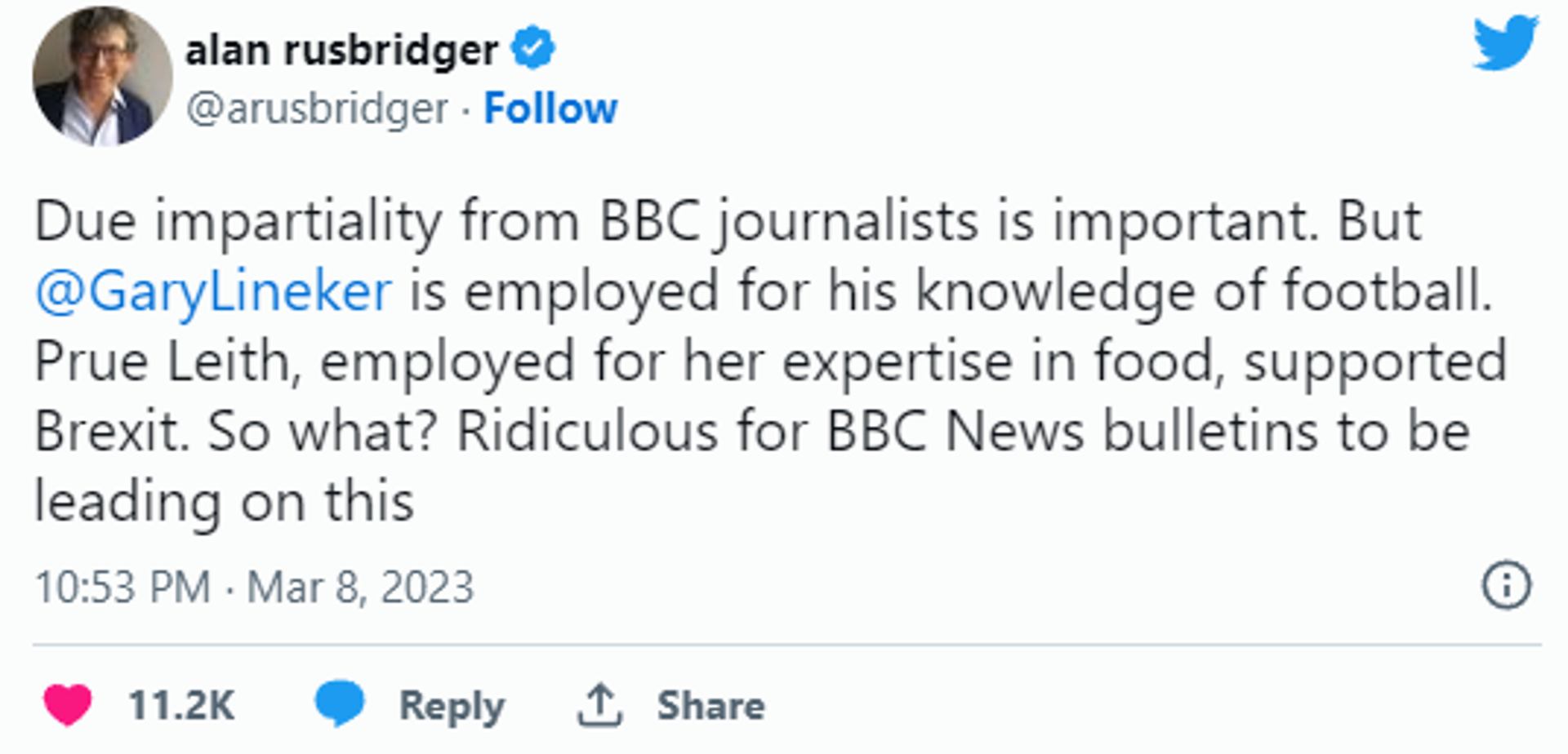 Alan Rusbridger supports Lineker and finds BBC's bulletins ridiculous - Sputnik International, 1920, 11.03.2023