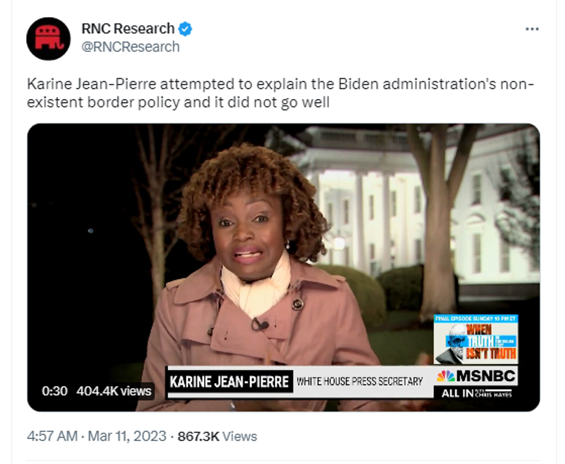 Screenshot of Twitter post by RNC Research showing White House Press Secretary Karine Jean-Pierre. - Sputnik International, 1920, 12.03.2023