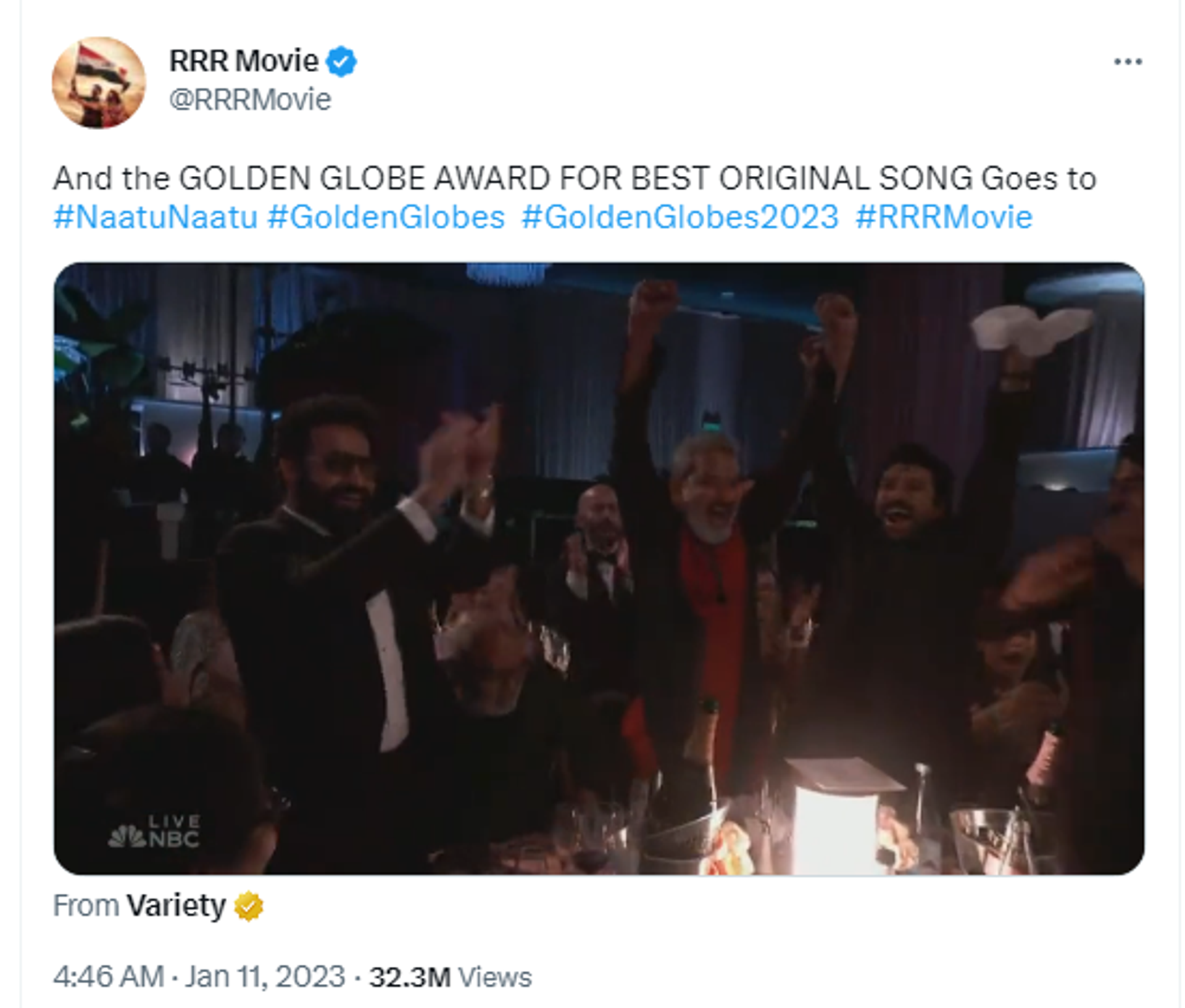 Twitter screenshot showing the Naatu Naatu song from the Indian film RRR winning the Golden Globes 2023. - Sputnik International, 1920, 12.03.2023