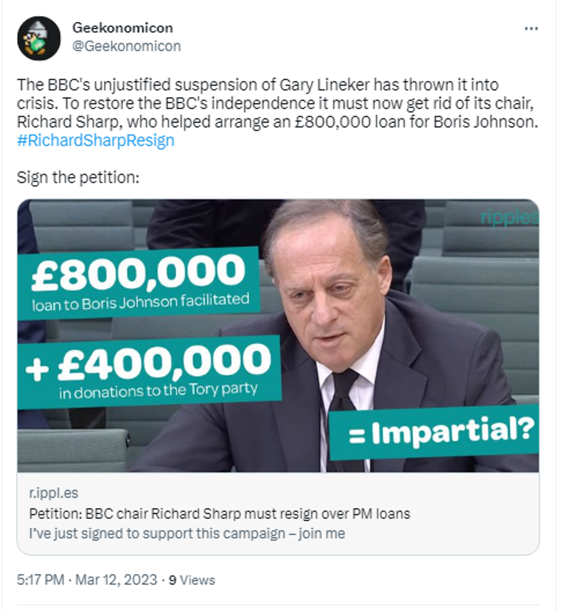 Screenshot of Twitter post featuring call to sign a petition for BBC chair Richard Sharp to resign after suspension of Gary Lineker. - Sputnik International, 1920, 12.03.2023