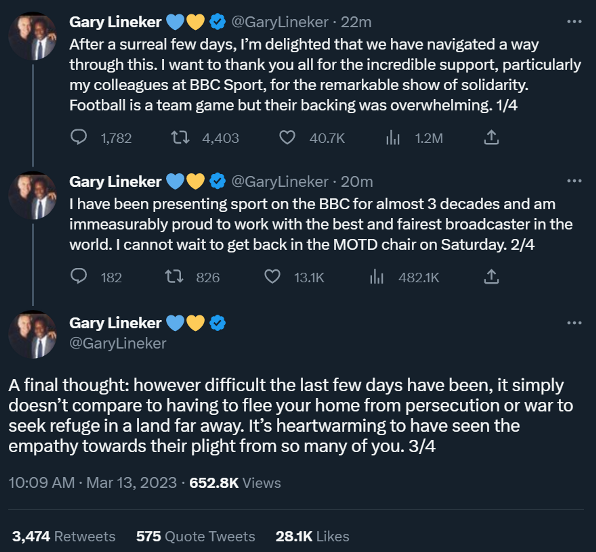 A tweet by former England footballer and BBC Match of the Day presenter Gary Lineker comparing his one-day suspension to the plight of war refugees - Sputnik International, 1920, 13.03.2023