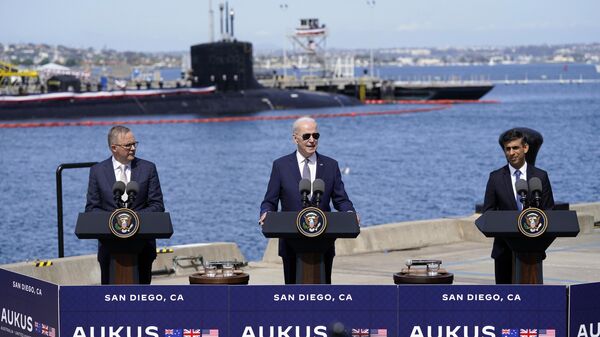 President Joe Biden speaks after meeting with British Prime Minister Rishi Sunak, right, and Australian Prime Minister Anthony Albanese at Naval Base Point Loma, Monday, March 13, 2023, in San Diego. - Sputnik International