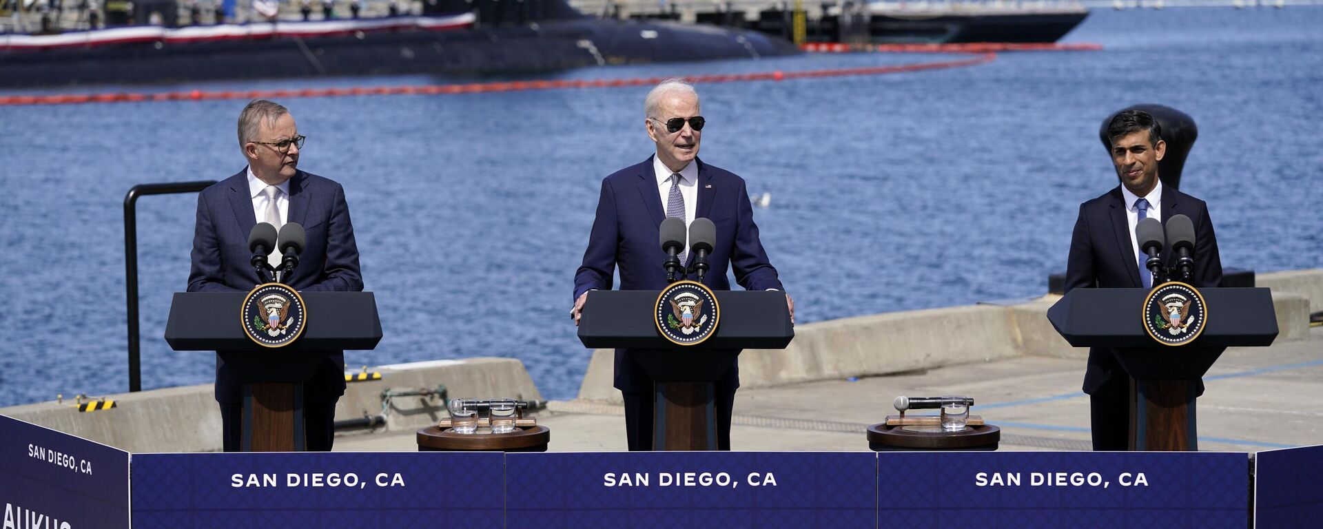 President Joe Biden speaks after meeting with British Prime Minister Rishi Sunak, right, and Australian Prime Minister Anthony Albanese at Naval Base Point Loma, Monday, March 13, 2023, in San Diego. - Sputnik International, 1920, 13.03.2023