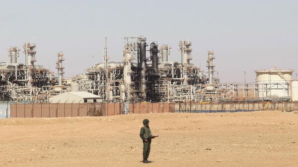 An Algerian soldier stands guard during a visit for news media, organized by the Algerian authorities, at the gas plant in Ain Amenas, seen in background, Friday, Jan. 31, 2013 - Sputnik International
