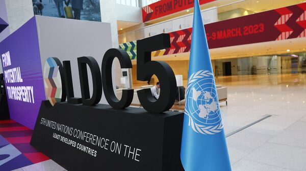 The LDC5 logo is set up during preparations for the 5th United Nations Conference on the Least Developed Countries (LDC5) at Qatar National Convention Center (QNCC) in Doha on March 3, 2023.  - Sputnik International