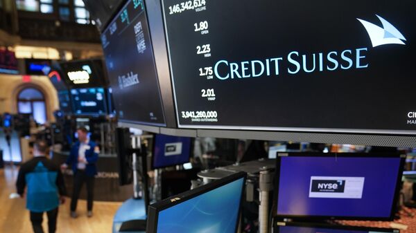 A sign displays the name of Credit Suisse on the floor at the New York Stock Exchange in New York, Wednesday, March 15, 2023. - Sputnik International