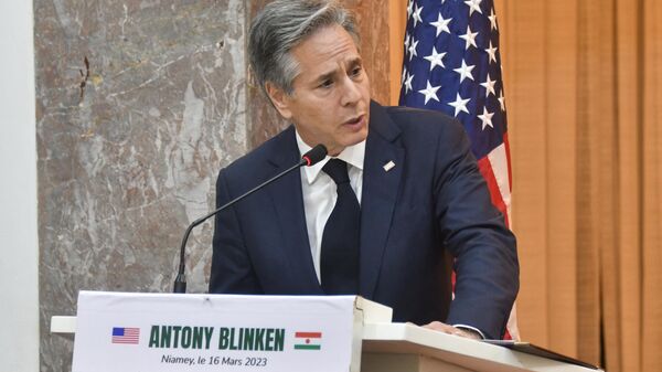 US Secretary of State Antony Blinken speaks during a joint press conference with Nigerien Foreign Minister Hassoumi Massoudou (not seen) at the presidential palace in Niamey, Niger, on March 16, 2023. (Photo by BOUREIMA HAMA / POOL / AFP)  - Sputnik International