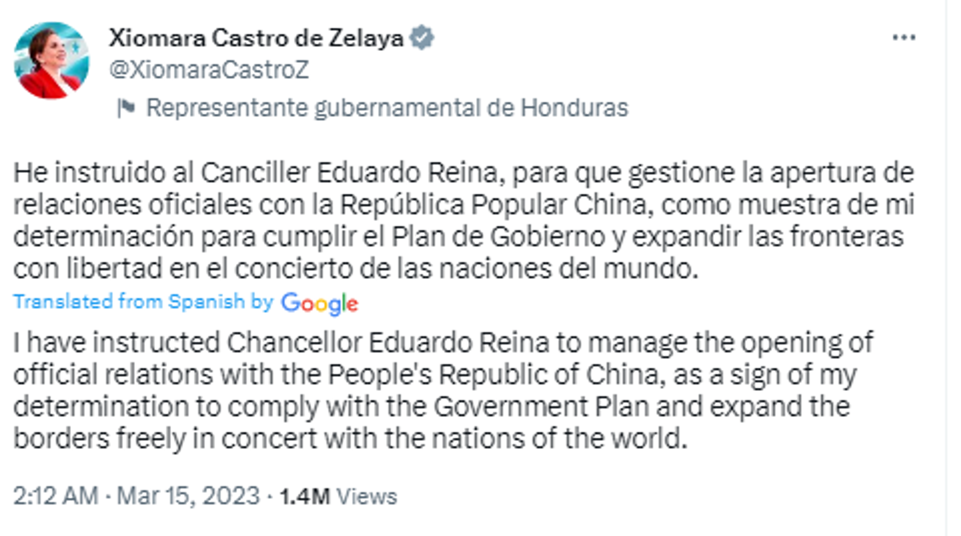 Screenshot of Twitter post by Honduran President Xiomara Castro. - Sputnik International, 1920, 30.03.2023