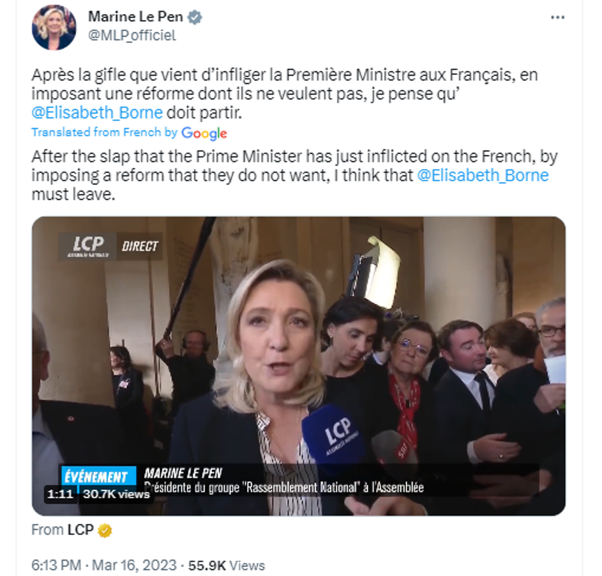 Screenshot of Twitter account of Marine Le Pen, leader of the National Rally party. - Sputnik International, 1920, 17.03.2023