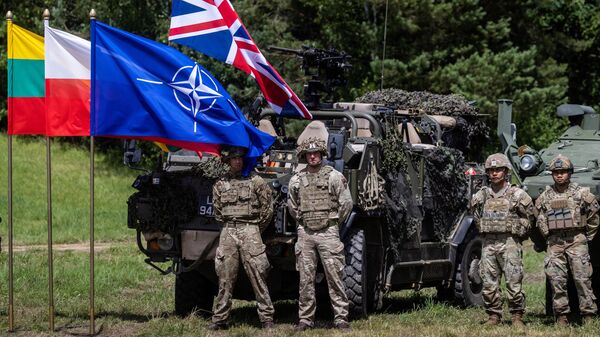 British (L) and US (R) soldiers stand next to a NATO flag on the sidelines of a press conference of the Polish and Lithuanian president on July 7, 2022. - Sputnik International