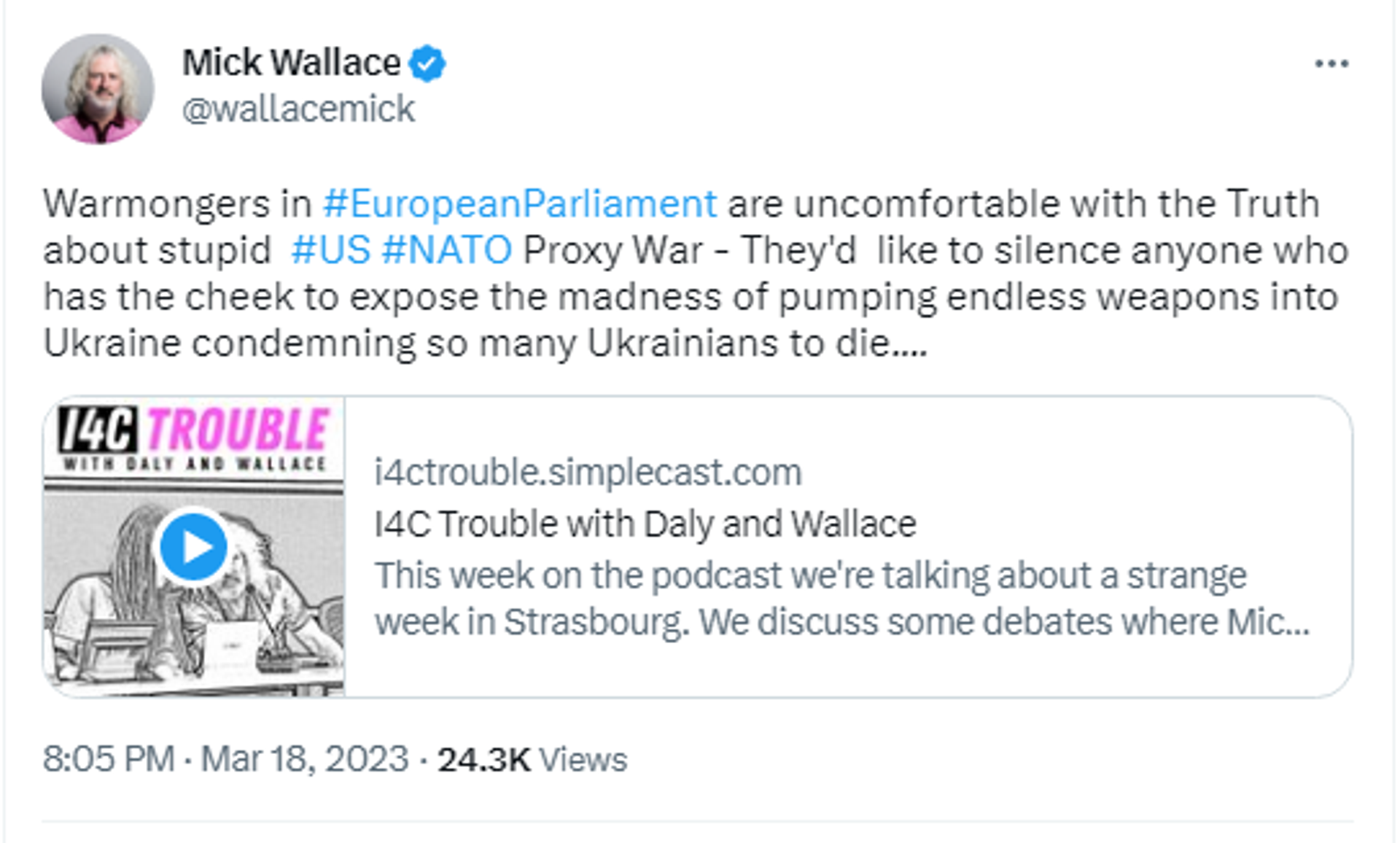 Screenshot of Twitter post by Michael Wallace, an Irish politician and a Member of the European Parliament (MEP) from Ireland. - Sputnik International, 1920, 19.03.2023