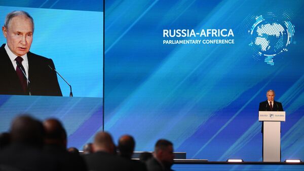 March 20, 2023. Russian President Vladimir Putin speaks at the international parliamentary conference Russia - Africa in a multipolar world. - Sputnik International